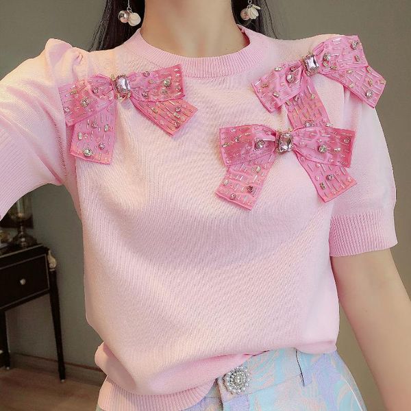 women's sweaters 2021 summer puff sleeve beading bow o-neck sweater women pink sweet short knitted pullover fashion elegant thin, White;black
women's sweaters 2021 summer puff sleeve beading bow o-neck sweater women pink sweet short knitted pullover fashion elegant thin, White;black