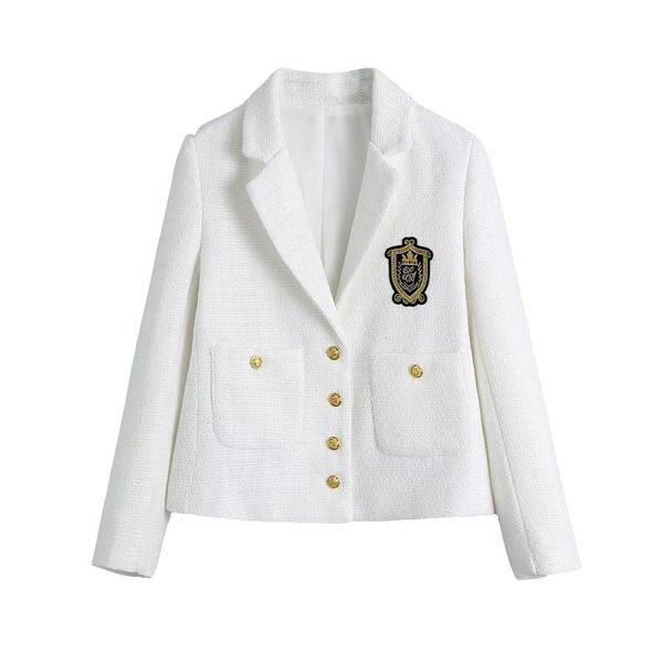 women's suits & blazers woman 2021 white textured cropped blazer women fashion tweed jacket casual preppy embroidered pockets button fe, White;black
women's suits & blazers woman 2021 white textured cropped blazer women fashion tweed jacket casual preppy embroidered pockets button fe, White;black