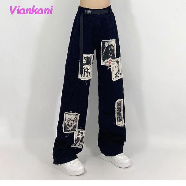 women's jeans gothic punk patchwork black women 2021 hip hop streetwear print oversize wide leg trousers 90s vintage fashion pants, Blue
women's jeans gothic punk patchwork black women 2021 hip hop streetwear print oversize wide leg trousers 90s vintage fashion pants, Blue