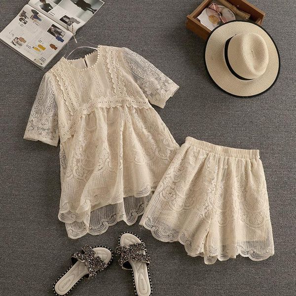 women's tracksuits solid sweet style lace women shorts sets summer design 2021 hollow out loose elegant office lady clothing suits, Gray
women's tracksuits solid sweet style lace women shorts sets summer design 2021 hollow out loose elegant office lady clothing suits, Gray