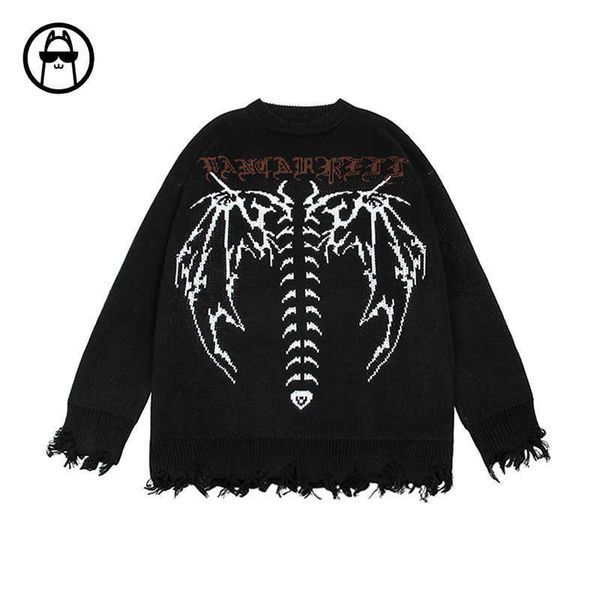 2023 men's sweaters coolalpaca american high street gothic dark wing jacquard worn loose sweater for men and women, White;black
2023 men's sweaters coolalpaca american high street gothic dark wing jacquard worn loose sweater for men and women, White;black