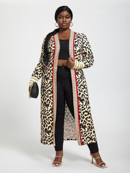 sxy plus leopard print contrast trim coat s6ja#, Black 
sxy plus leopard print contrast trim coat s6ja#, Black