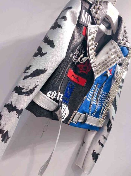 women's leather & faux jacket women graffiti colorful print rivet biker jackets and coats punk streetwear ladies short jacekt outerwear, Black
women's leather & faux jacket women graffiti colorful print rivet biker jackets and coats punk streetwear ladies short jacekt outerwear, Black
