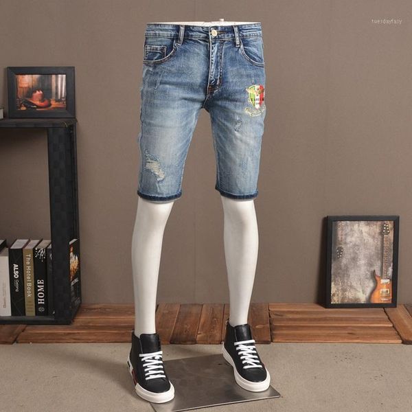 men's jeans length summer knee men ripped hole badge embroidery denim shorts korean style slim fit stretch jean pants1, Blue
men's jeans length summer knee men ripped hole badge embroidery denim shorts korean style slim fit stretch jean pants1, Blue