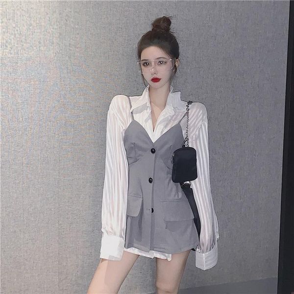women's tracksuits spring autumn shirt korean style striped long sleeve lapel casual slim sling vest loose blouse ll550, Gray
women's tracksuits spring autumn shirt korean style striped long sleeve lapel casual slim sling vest loose blouse ll550, Gray