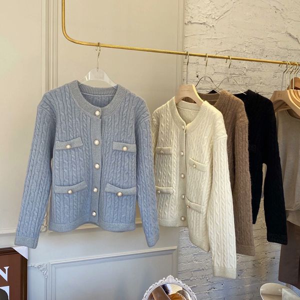 women's knits & tees autumn winter sweet little fragrant wind twist blue-black long-sleeved pearl buckle bottoming cardigan knitte, White
women's knits & tees autumn winter sweet little fragrant wind twist blue-black long-sleeved pearl buckle bottoming cardigan knitte, White