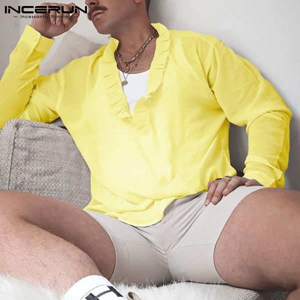 men's casual shirts men solid color shirt ruffle v neck long sleeve streetwear thin 2021 see through chiffon camisas s-5xl incerun, White;black
men's casual shirts men solid color shirt ruffle v neck long sleeve streetwear thin 2021 see through chiffon camisas s-5xl incerun, White;black