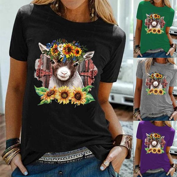 women's t-shirt summer 2021 fashion casual round neck left lamb sunflower combination cartoon short sleeve female, White
women's t-shirt summer 2021 fashion casual round neck left lamb sunflower combination cartoon short sleeve female, White