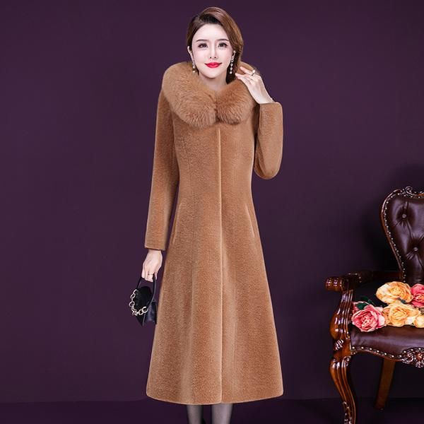 women's wool & blends sheep shearing coat winter temperament is thinner hooded fur mid-length, Black
women's wool & blends sheep shearing coat winter temperament is thinner hooded fur mid-length, Black