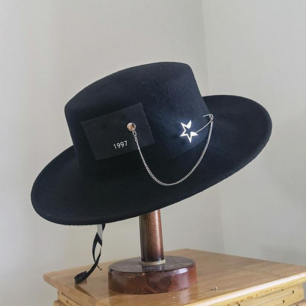 stingy brim hats fedora for women autumn winter cowboy jazz metal chain black hat 100% wool flat big wide cap windproof, Blue;gray
stingy brim hats fedora for women autumn winter cowboy jazz metal chain black hat 100% wool flat big wide cap windproof, Blue;gray