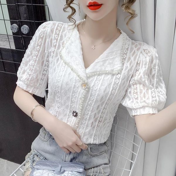 women's blouses & shirts short sleeve korean button shirt 2021 summer women blouse vintage beading v neck lace feminine 823c, White
women's blouses & shirts short sleeve korean button shirt 2021 summer women blouse vintage beading v neck lace feminine 823c, White