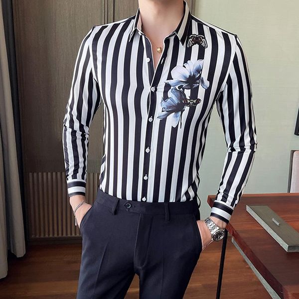 men's casual shirts korean striped flower and butterfly print single-breasted slim fit long sleeve men, White;black
men's casual shirts korean striped flower and butterfly print single-breasted slim fit long sleeve men, White;black