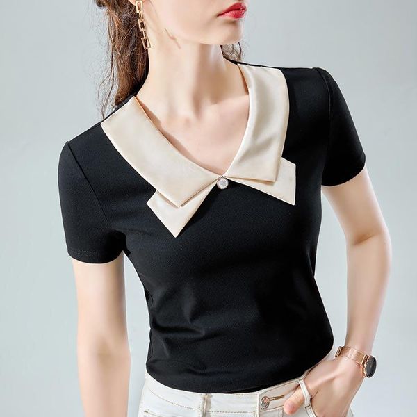 women's t-shirt acetic acid lapel short sleeve female 2021 summer color contrast splicing cotton age reducing bow top, White
women's t-shirt acetic acid lapel short sleeve female 2021 summer color contrast splicing cotton age reducing bow top, White