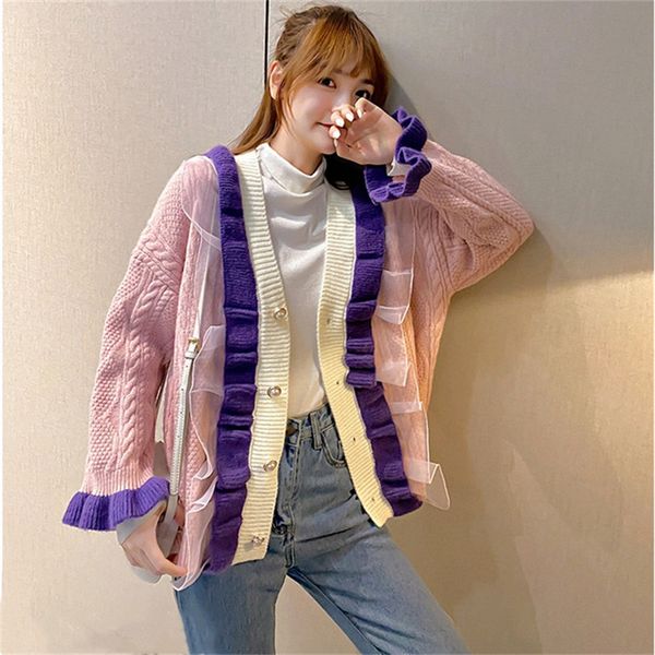 chic ruffles knitted cardigan women loose korean long sleeve sweater autumn winter fashion casual streetwear outwear, White;black
chic ruffles knitted cardigan women loose korean long sleeve sweater autumn winter fashion casual streetwear outwear, White;black