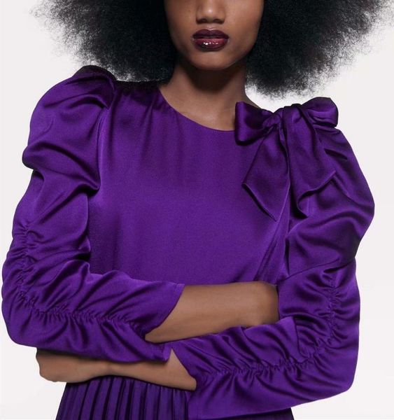 spring 2021 women purple shoulder bow solid color smock blouse office lady pleats puff sleeve shirts chic chemise femininas, White 
spring 2021 women purple shoulder bow solid color smock blouse office lady pleats puff sleeve shirts chic chemise femininas, White