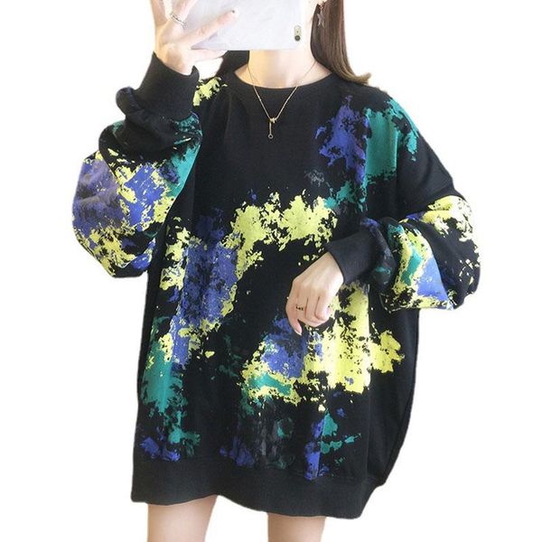 women's hoodies & sweatshirts autumn 2021 korean print hoodie tide long sleeve round collar loose large size thin student coat, Black 
women's hoodies & sweatshirts autumn 2021 korean print hoodie tide long sleeve round collar loose large size thin student coat, Black