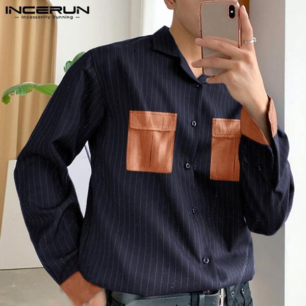 mens striped shirts incerun long sleeve lapel camisa korean style patchwork buttons chemise male pockets loose blouse plus size, White;black
mens striped shirts incerun long sleeve lapel camisa korean style patchwork buttons chemise male pockets loose blouse plus size, White;black