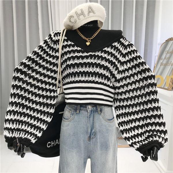 2021 new women sweater v-neck striped printed lantern sleeve knitted pullover femme spring autumn black loose oversize knitwear crop ztg, White;black
2021 new women sweater v-neck striped printed lantern sleeve knitted pullover femme spring autumn black loose oversize knitwear crop ztg, White;black