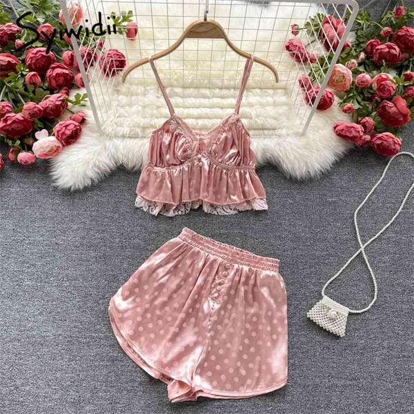 2 pieces sets women polka dot elastic waist shorts and backless short camis tank summer green white pink 210607
2 pieces sets women polka dot elastic waist shorts and backless short camis tank summer green white pink 210607