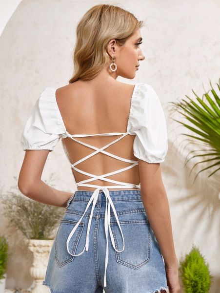 lace up back ruched front crop c1jg#, White 
lace up back ruched front crop c1jg#, White
