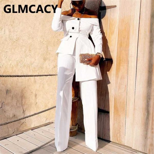 two piece elegant work suits off shoulder blazer & regular pants set 211007, White