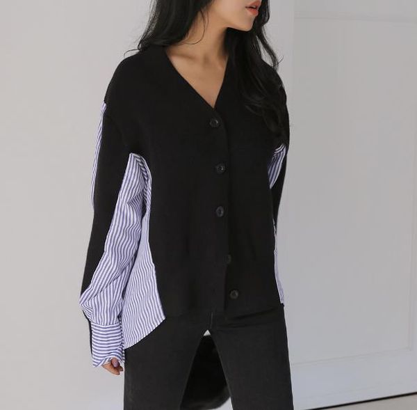 vintage chic striped patchwork v-neck sweater women single breasted casual cardigan female loose knitted ladies, White 
vintage chic striped patchwork v-neck sweater women single breasted casual cardigan female loose knitted ladies, White