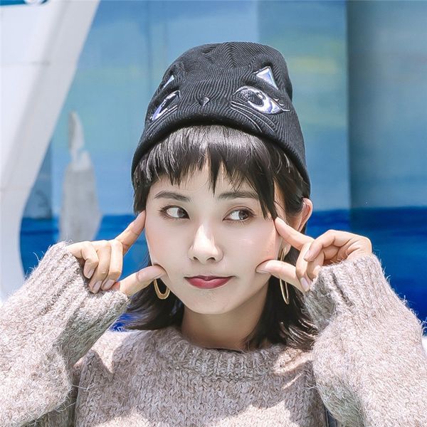 new handmade cat ear knitting wool cute academy girl eye embroidery autumn cold hat, Black;white
new handmade cat ear knitting wool cute academy girl eye embroidery autumn cold hat, Black;white