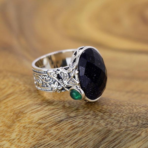 cluster rings s925 silver jewelry retro ladies faceted blue sandstone ring, Golden;silver 
cluster rings s925 silver jewelry retro ladies faceted blue sandstone ring, Golden;silver