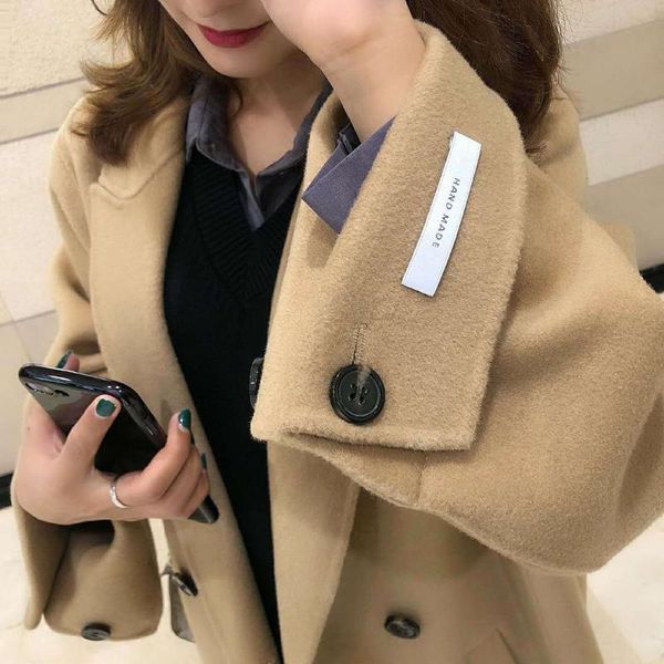 women's wool & blends korean version 2021 double breasted lace up coat middle long faced cashmere, Black
women's wool & blends korean version 2021 double breasted lace up coat middle long faced cashmere, Black