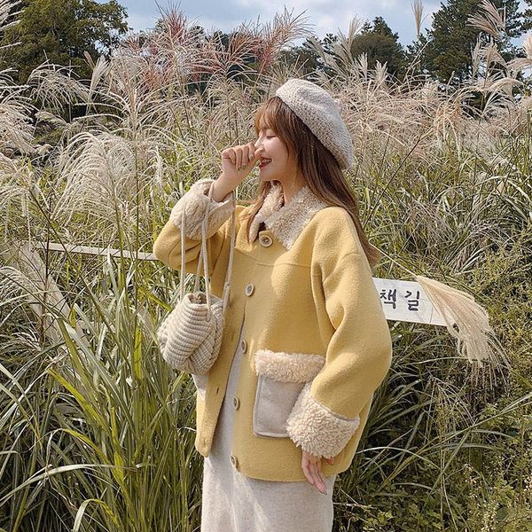 women's wool & blends autumn winter women fashion woolen splice lambwool short jacket coat female korean elegant loose outerwear, Black
women's wool & blends autumn winter women fashion woolen splice lambwool short jacket coat female korean elegant loose outerwear, Black