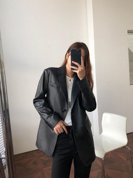 women's leather & faux suit dress women's 2021 handsome medium and long sleeved coat loose thin sheep skin fashion, Black
women's leather & faux suit dress women's 2021 handsome medium and long sleeved coat loose thin sheep skin fashion, Black