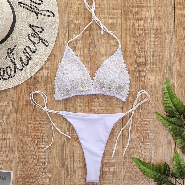 women's swimwear pearl thong swimsuit 2021 summer fashion split suit ladies bikini beach clothing, White;black
women's swimwear pearl thong swimsuit 2021 summer fashion split suit ladies bikini beach clothing, White;black