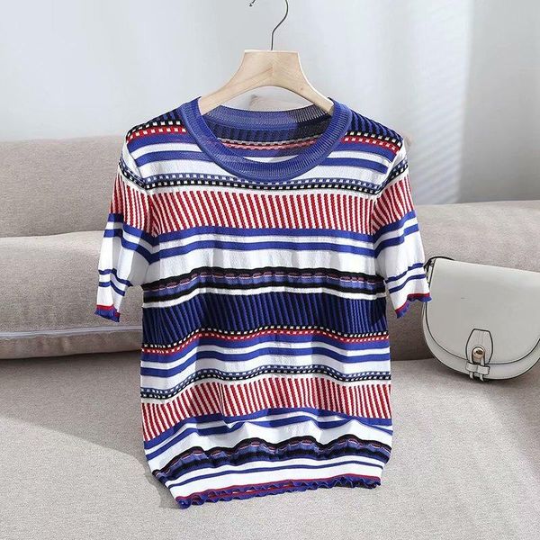 women's t-shirt korean fashion style shirt women 2021 summer round neck contrast color vintage striped short sleeve sweater for, White
women's t-shirt korean fashion style shirt women 2021 summer round neck contrast color vintage striped short sleeve sweater for, White