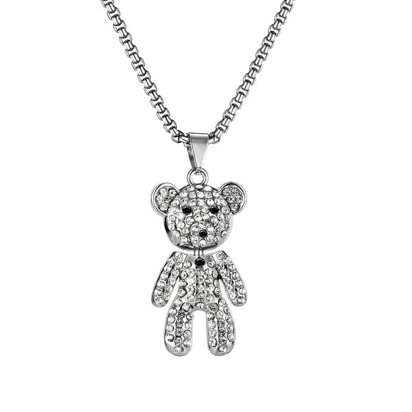 womens bear long sweater necklace pendants sliver diamond stainless steel mens choker hip pop strings fashion jewelrys to boys loves gifts g, Silver