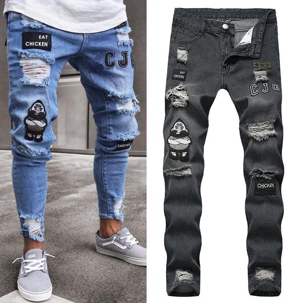 men's jeans embroidered printed ripped braid slim fit denim scratched men stretch skinny motorcycle, Blue
men's jeans embroidered printed ripped braid slim fit denim scratched men stretch skinny motorcycle, Blue