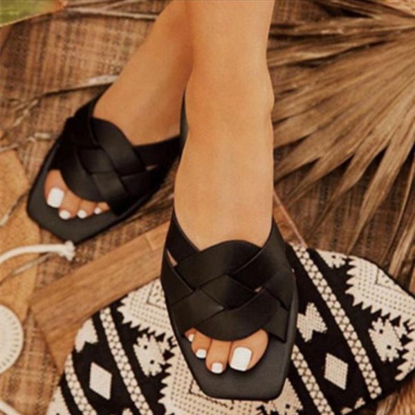 women slippers summer pu leather cross tie weaving flat open toe rubber sole luxury elegant slides beach casual shoes ladies, Black 
women slippers summer pu leather cross tie weaving flat open toe rubber sole luxury elegant slides beach casual shoes ladies, Black