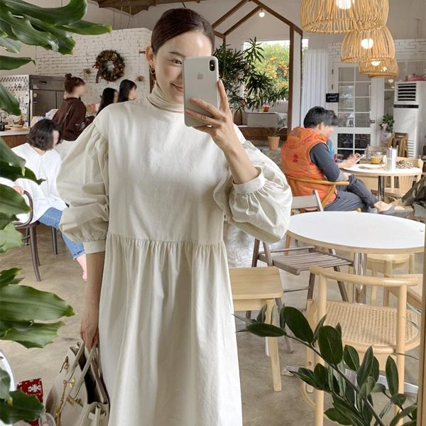 casual dresses superaen loose slim o neck full a-line mid-calf solid woman dress, Black;gray