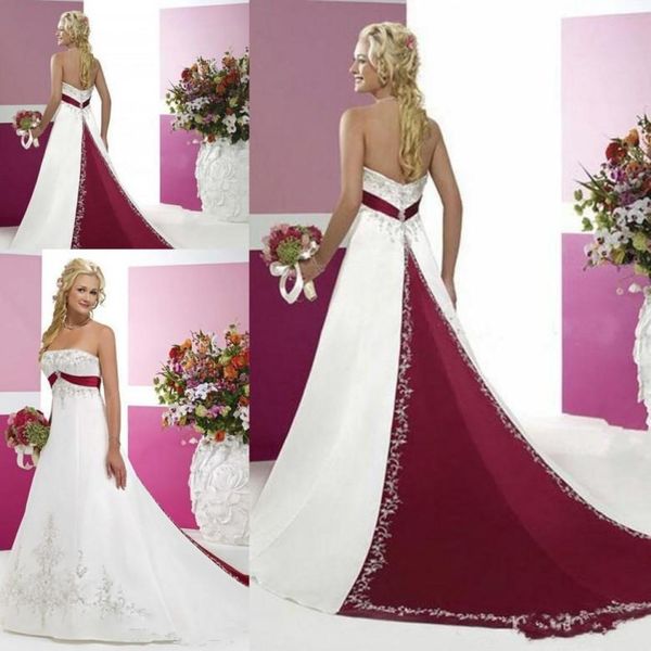 vintage white and buygundy wedding dresses strapless backless beaded embroidery lace sweep train gothic country bridal gown
vintage white and buygundy wedding dresses strapless backless beaded embroidery lace sweep train gothic country bridal gown