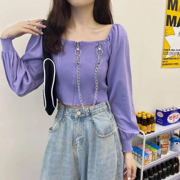 women's t-shirt con punk style retro one shoulder short navel chain long sleeve knitted solid color women, White
women's t-shirt con punk style retro one shoulder short navel chain long sleeve knitted solid color women, White