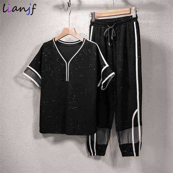 summer striped lace mesh sleeve t-shirts+pants casual western style loose and thin mesh stitching two-piece woman suit 210709, White
summer striped lace mesh sleeve t-shirts+pants casual western style loose and thin mesh stitching two-piece woman suit 210709, White