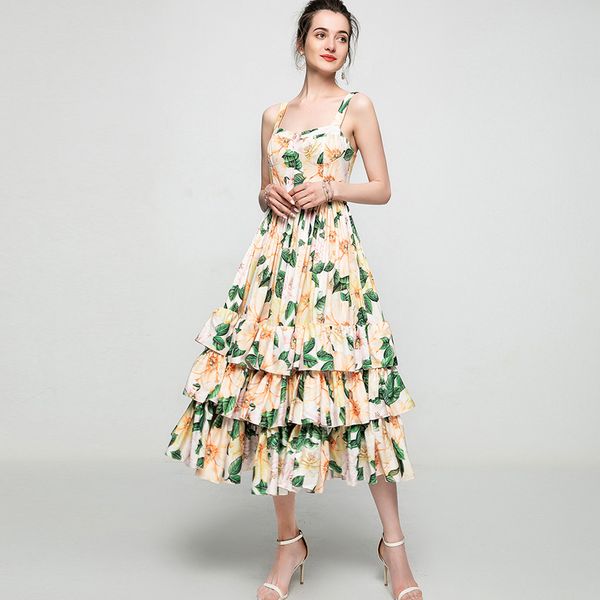 women's runway dresses spaghetti straps floarl printed tiered ruffles fashion casual mid dress vestidos, Black
women's runway dresses spaghetti straps floarl printed tiered ruffles fashion casual mid dress vestidos, Black