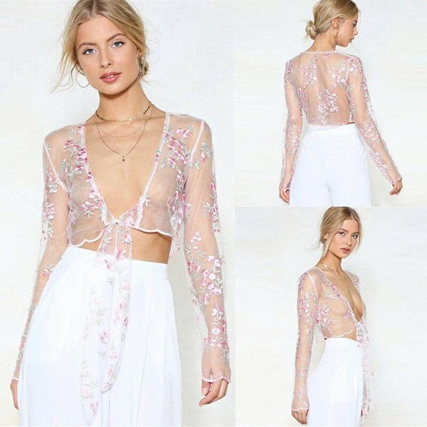 women's swimwear women floral embroidery mesh sheer see-through long sleeve crop shirt blouse, White;black
women's swimwear women floral embroidery mesh sheer see-through long sleeve crop shirt blouse, White;black