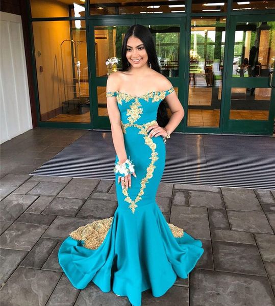 off the shoulder long lace mermaid evening dresses with gold appliques sweep train satin formal prom gowns, Black;red
off the shoulder long lace mermaid evening dresses with gold appliques sweep train satin formal prom gowns, Black;red