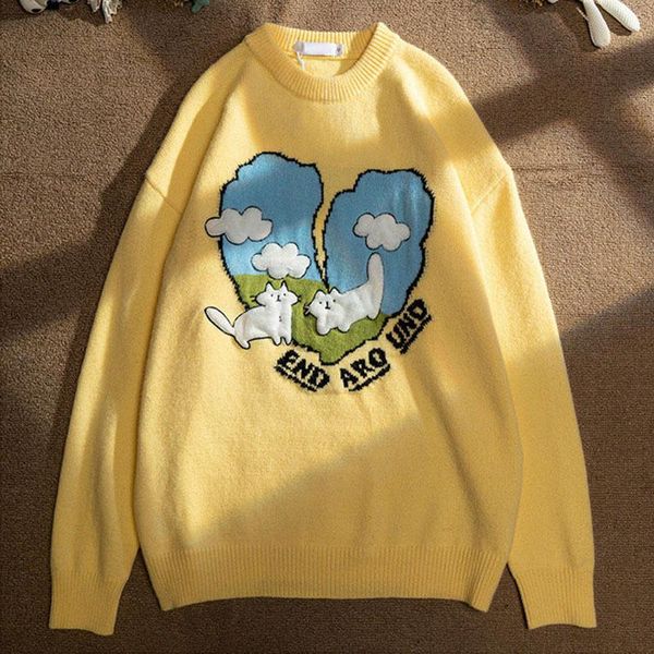 women's sweaters korean version of cute kitten cartoon heart-shaped embroidery o-neck knitted sweater loose casual fall and winter wome, White;black 
women's sweaters korean version of cute kitten cartoon heart-shaped embroidery o-neck knitted sweater loose casual fall and winter wome, White;black