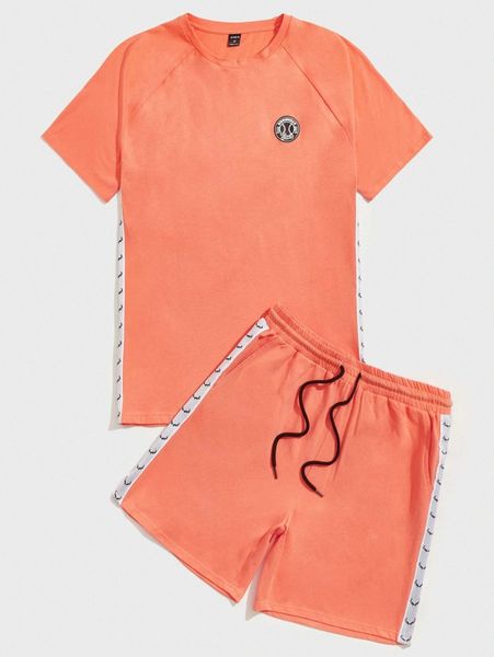 men letter graphic tee and contrast sideseam shorts set v0ot#, Gray