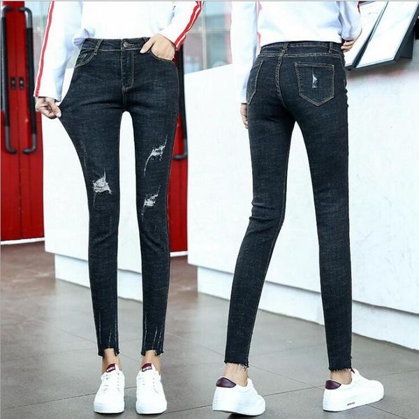 women's jeans ripped high waist nine-point pants spring tight skinny stretch slim feet cat whiskers broken, Blue
women's jeans ripped high waist nine-point pants spring tight skinny stretch slim feet cat whiskers broken, Blue