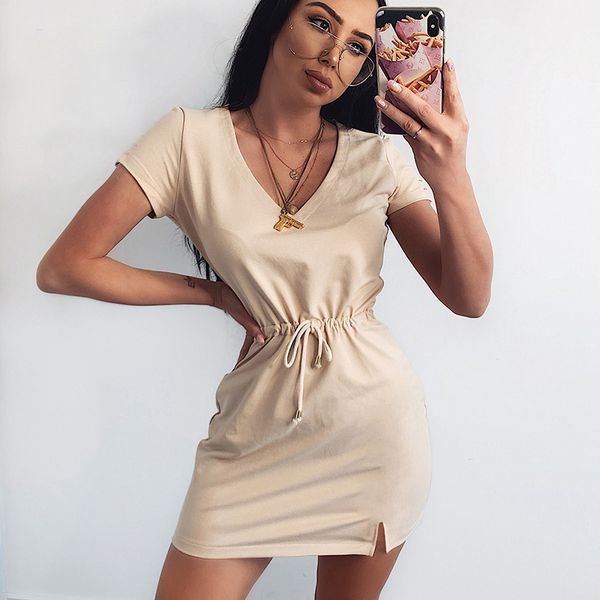 elegant v neck t shirt dress women short sleeve drawstring waist split mini casual dress 2021 soft female summer dress, Black;gray
elegant v neck t shirt dress women short sleeve drawstring waist split mini casual dress 2021 soft female summer dress, Black;gray