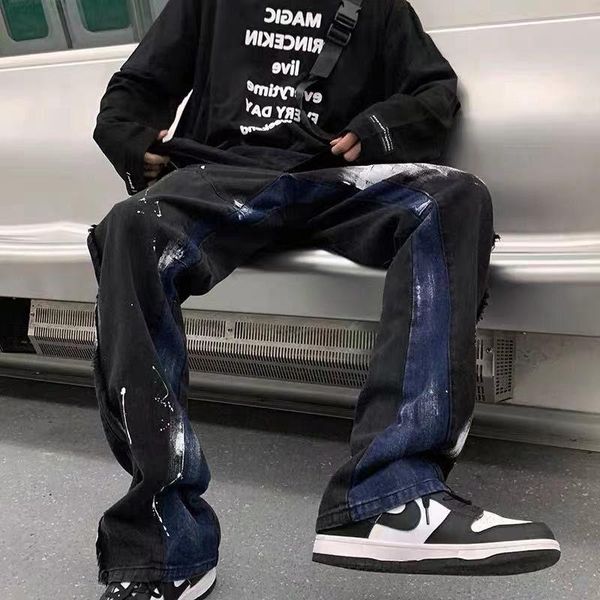 men's pants color block painted jean autumn fashion high street hip hop straight harem loose handsome streetwear casual trouser, Black
men's pants color block painted jean autumn fashion high street hip hop straight harem loose handsome streetwear casual trouser, Black