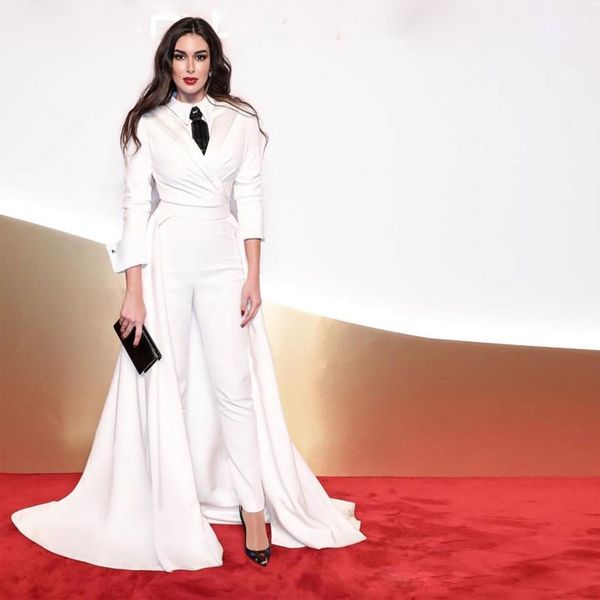 modern white jumpsuit prom dresses with detachable train v neck full sleeve ruched ankle length pants celebrity evening gowns, Black
modern white jumpsuit prom dresses with detachable train v neck full sleeve ruched ankle length pants celebrity evening gowns, Black