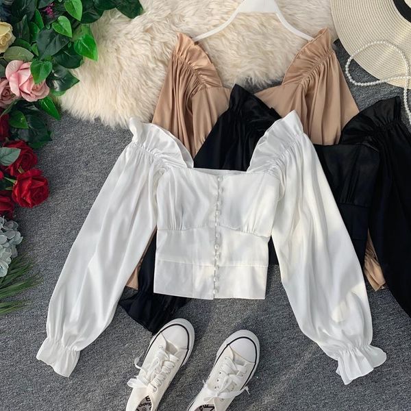 women's blouses & shirts women vintage square collar blouse lantern sleeve high waist short crop femme 0sh024, White
women's blouses & shirts women vintage square collar blouse lantern sleeve high waist short crop femme 0sh024, White